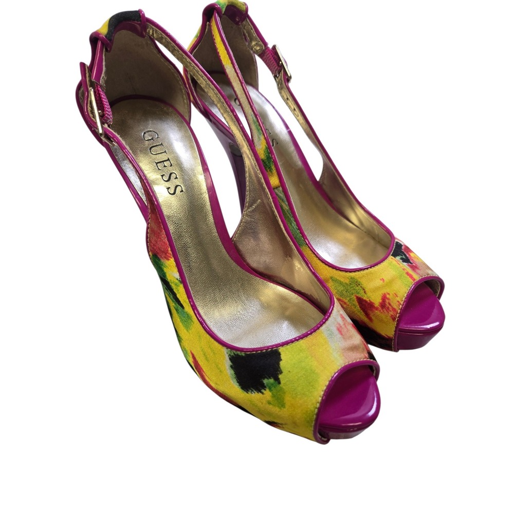 Guess GWHONDOLA Floral Peep Toe Platform Heels Pink Yellow Magenta Womens 6M